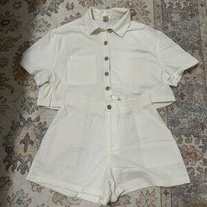 Women's Cream Button-Up Shirt and Shorts Set